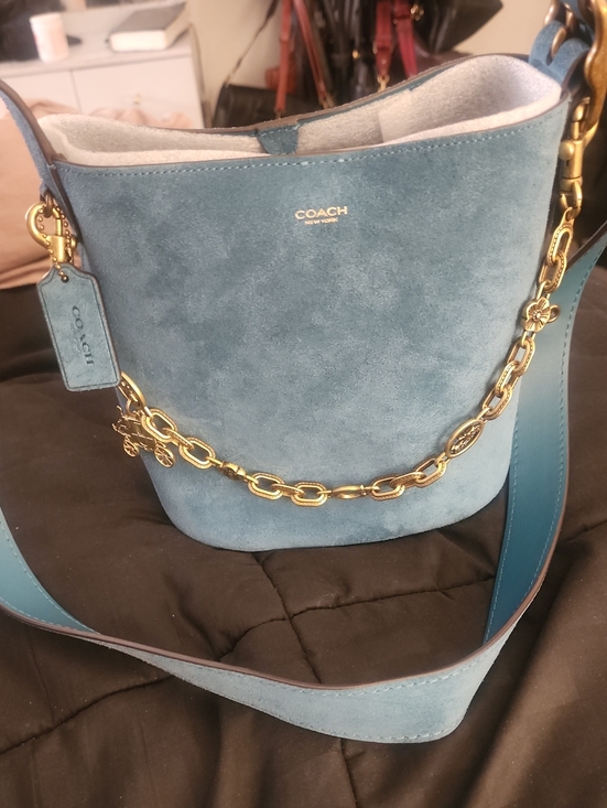 Coach Handbags - Coach Bleecker 21 Teal Suede Bucket Bag Gold Charm & Chain Included
